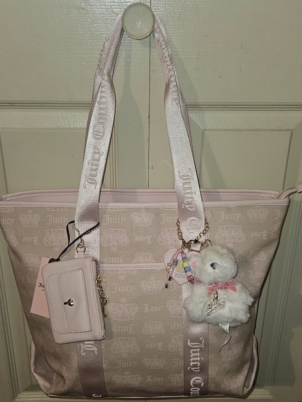 Juicy Couture Pink Logo Festival Tote Featuring Plush Bear Charm